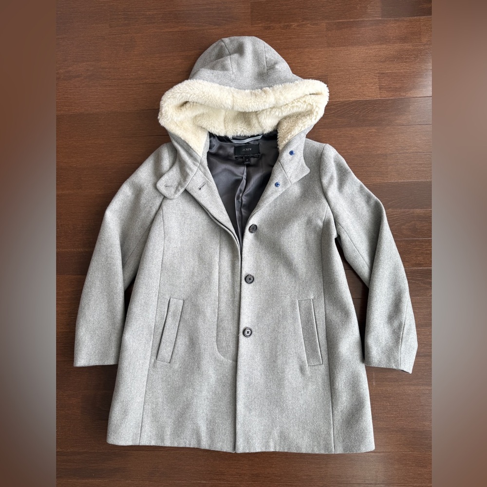 J.Crew Wool Gray Hooded Coat with Faux Fur Trim 2P